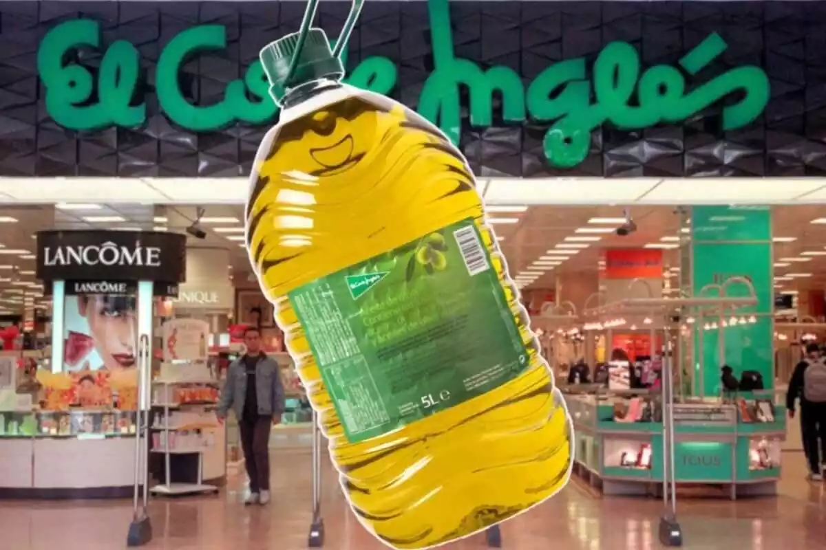 botella de aceite de 5 litros y el supermercado El Corte Inglés de fondo