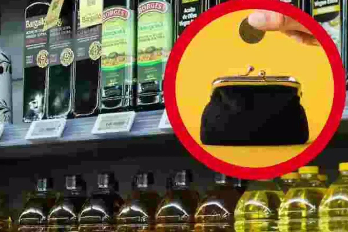 Foto detalle de unas botellas de aceite en el supermercado y en grande un círculo rojo con un monedero en el que se mete una moneda