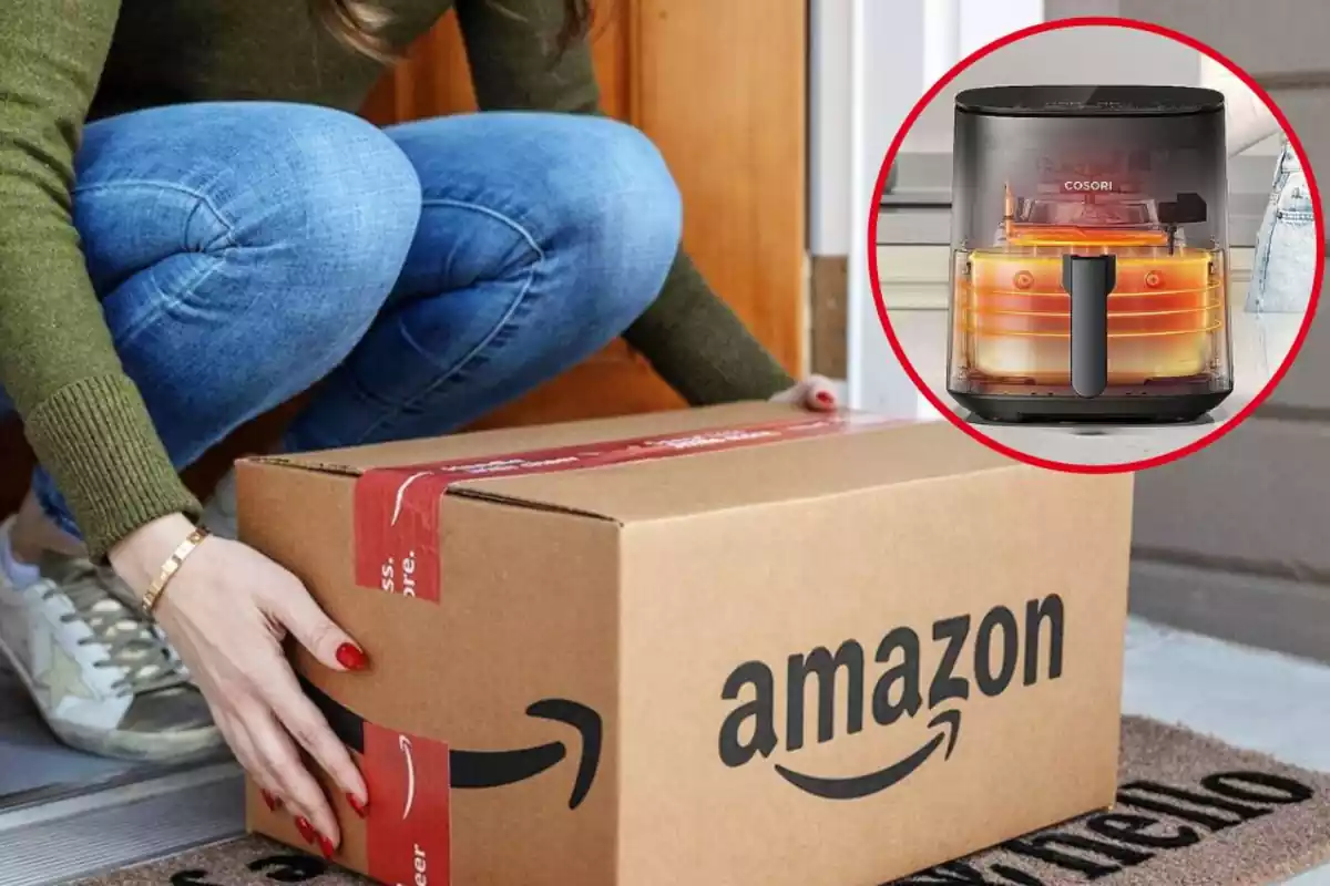 Foto de una mujer que coge una caja de Amazon y en un círculo rojo aparece una freidora de aire encendida que se ve por dentro en color naranja
