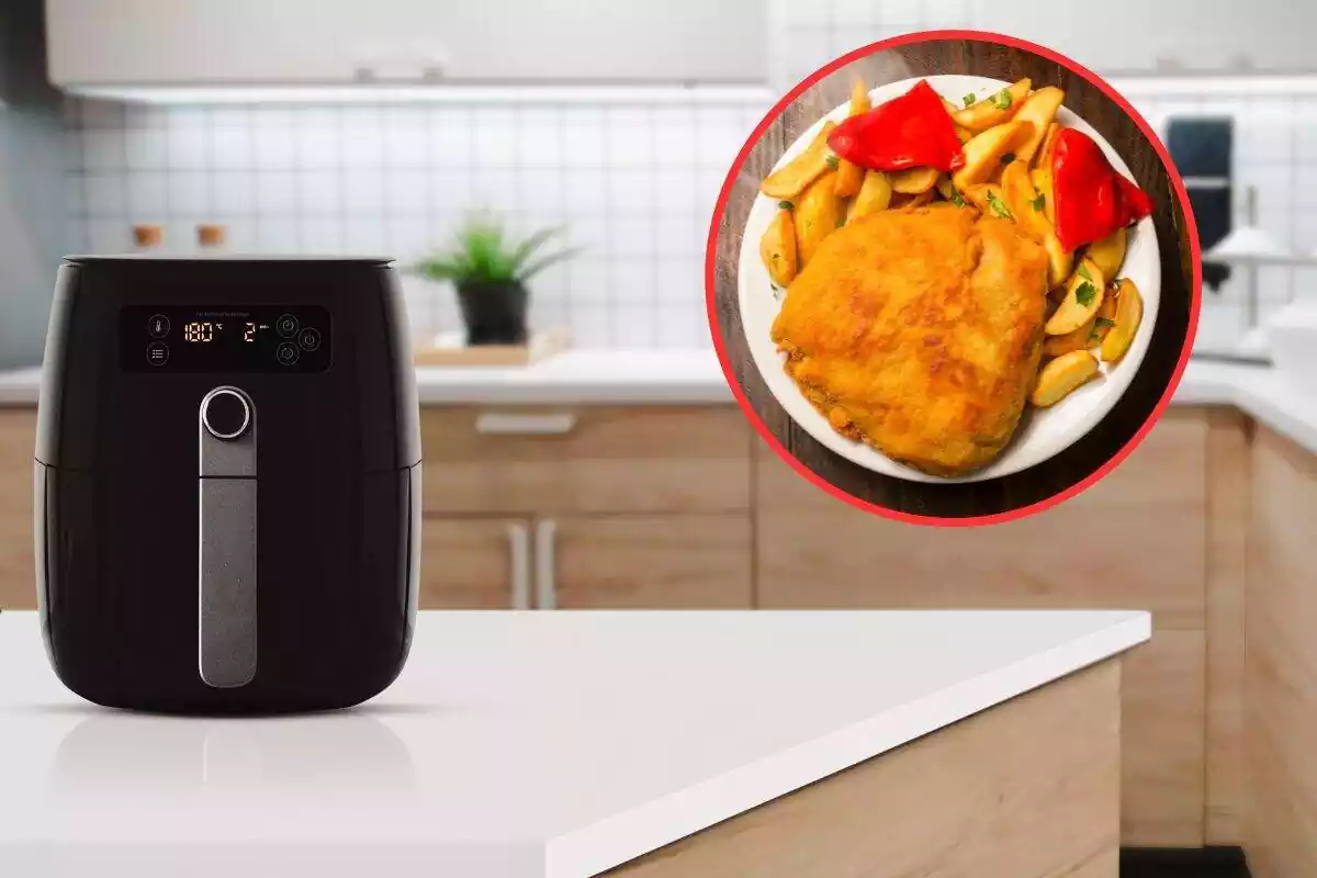 Foto freidora de aire sobre repisa o encimera blanca en una cocina que se ve de fondo desenfocada y a la derecha círculo rojo con la foto dentro de un plato de cachopo con patatas y pimientos