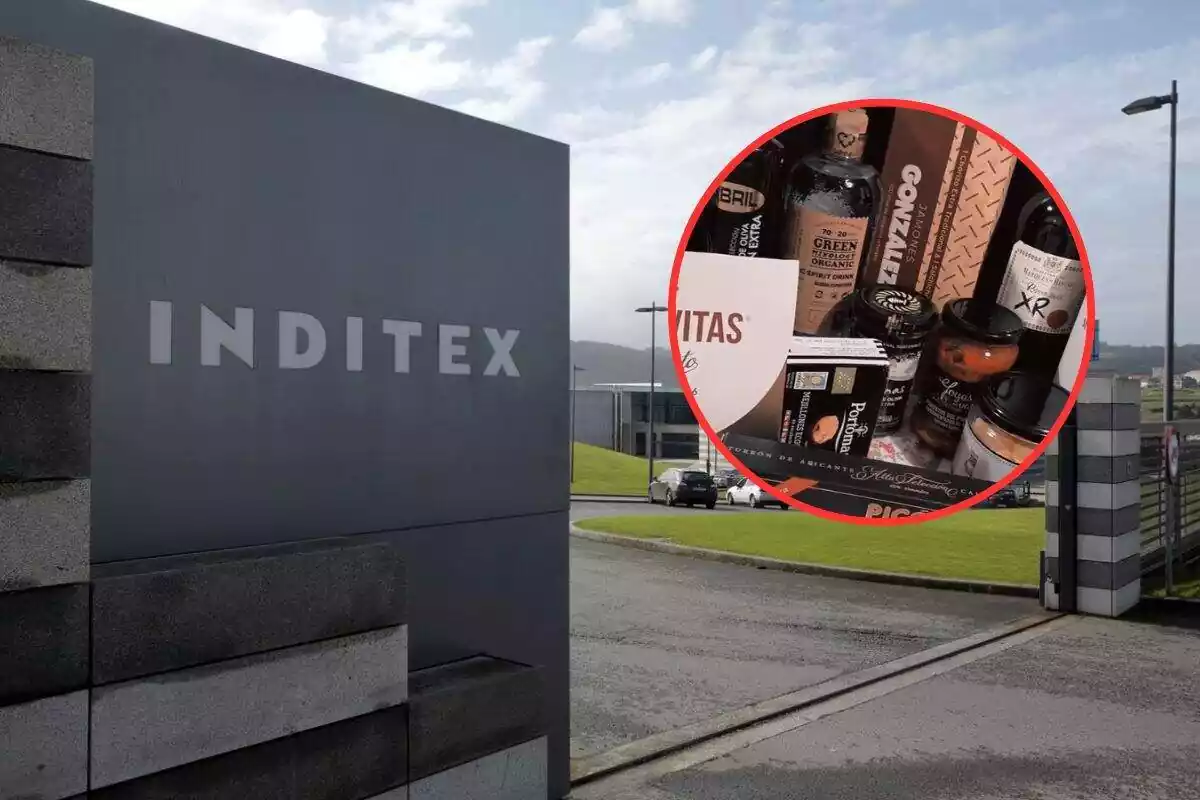 Foto de Inditex con su nombre en una piedra a la entrada de la empresa y a la derecha círculo rojo con cesta de Navidad dentro