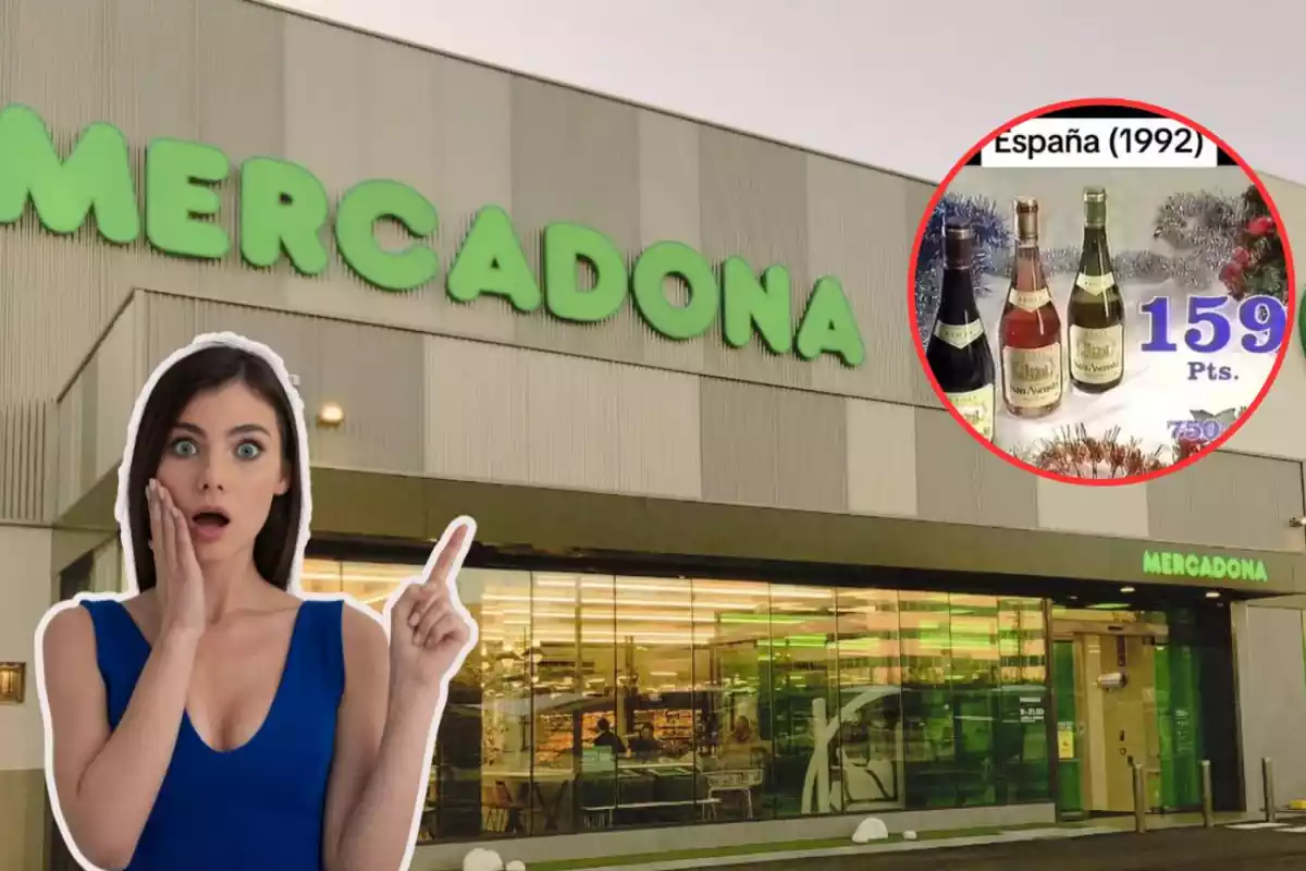 Foto de fachada de Mercadona con filtro sepia y delante foto de mujer y dentro de un círculo arriba la derecha tres botellas de vino con un cartel que pone 159 ptas