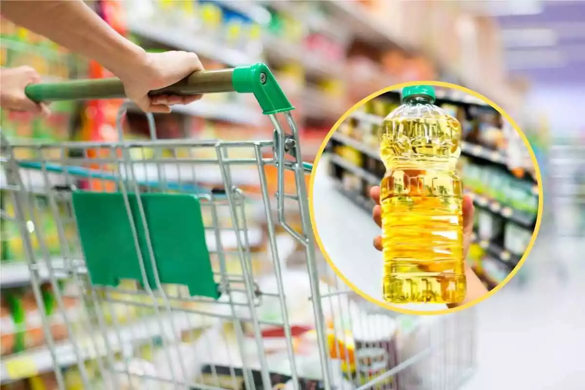 botella de aceite y de fondo un carro en un supermercado