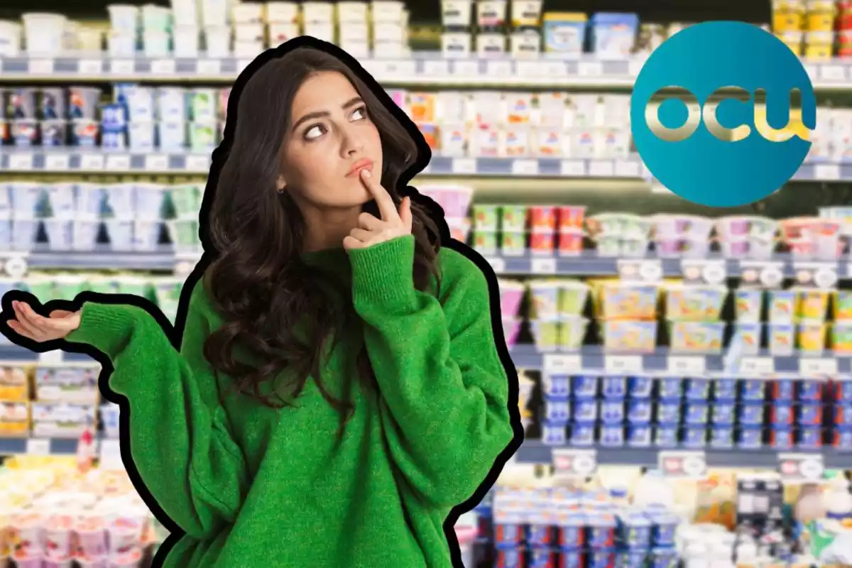 Foto mujer pensativa con foto de una sección de yogures detrás desenfocada y a la derecha logo de la OCU