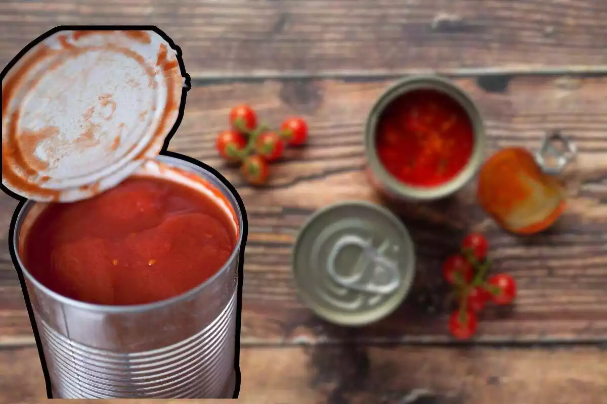 Foto lata tomate abierta y desenfocada de fondo dos latas una abierta y otra cerrada con tomates a los lados Foto lata tomate abierta y desenfocada de fondo dos latas una abierta y otra cerrada con tomates a los lados