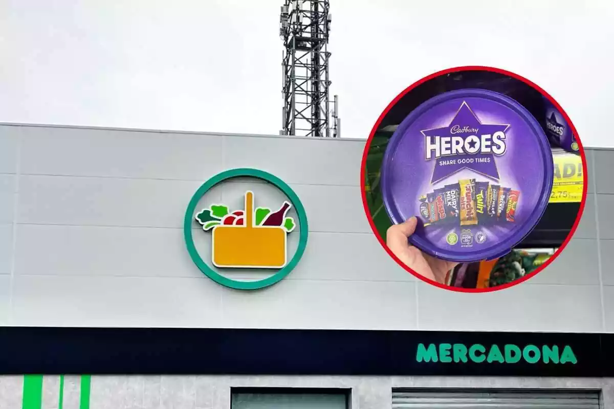 Foto fachada de Mercadona de la que se ve el logotipo con círculo rojo y dentro foto de una caja de bombones Cadbury Heroes que se vende en Mercadona