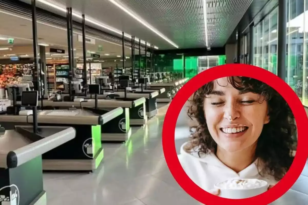 Foto del interior de un Mercadona con imagen de las cajas. Y círculo rojo con una foto de una mujer sonriendo y nariz manchada de nata