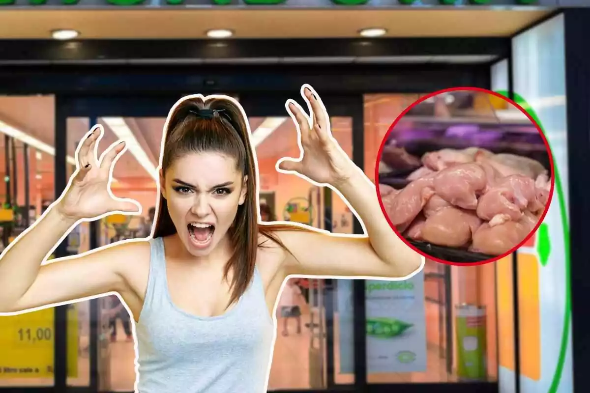 mujer enfadada junto a carne de pollo y un supermercado de fondo