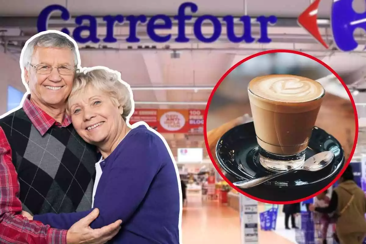 abuelos abrazados junto a un café y una tienda de Carrefour de fondo