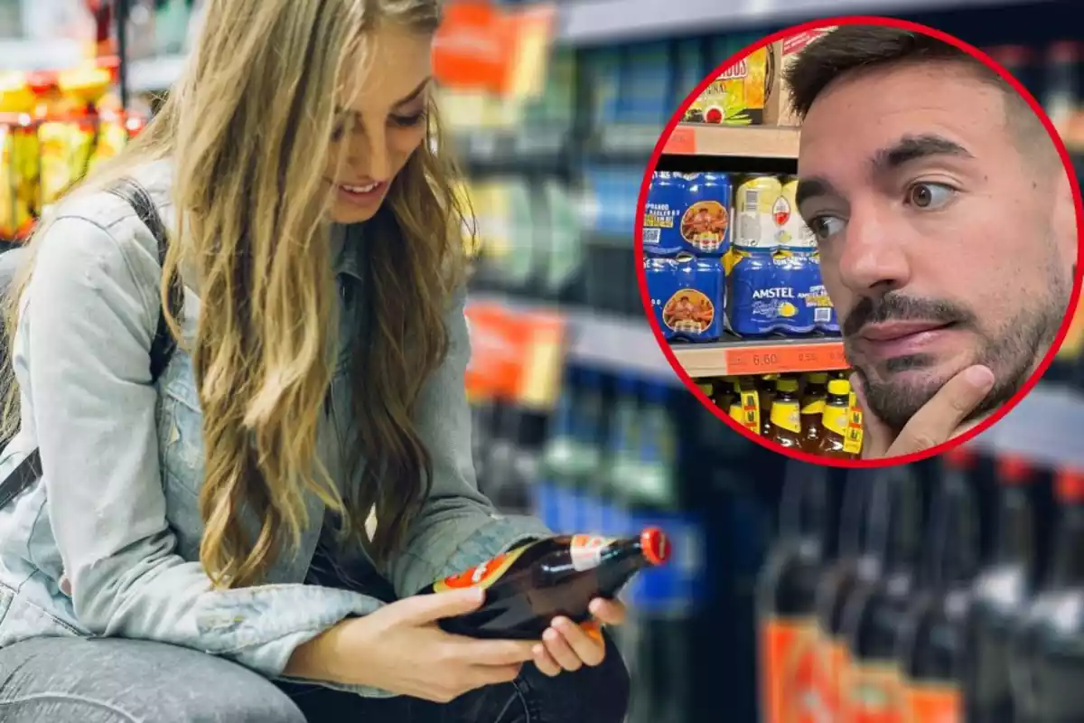 Foto de una chica agachada mirando una botella de cerveza en un supermercado con el fondo desenfocado y arriba a la derecha un círculo rojo con una foto del nutricionista Mario Ortiz dentro