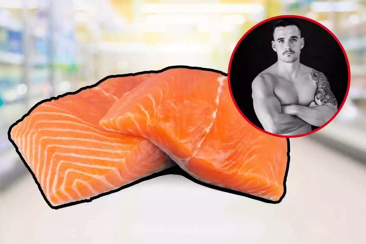 experto en nutricion y un salmón de supermercado