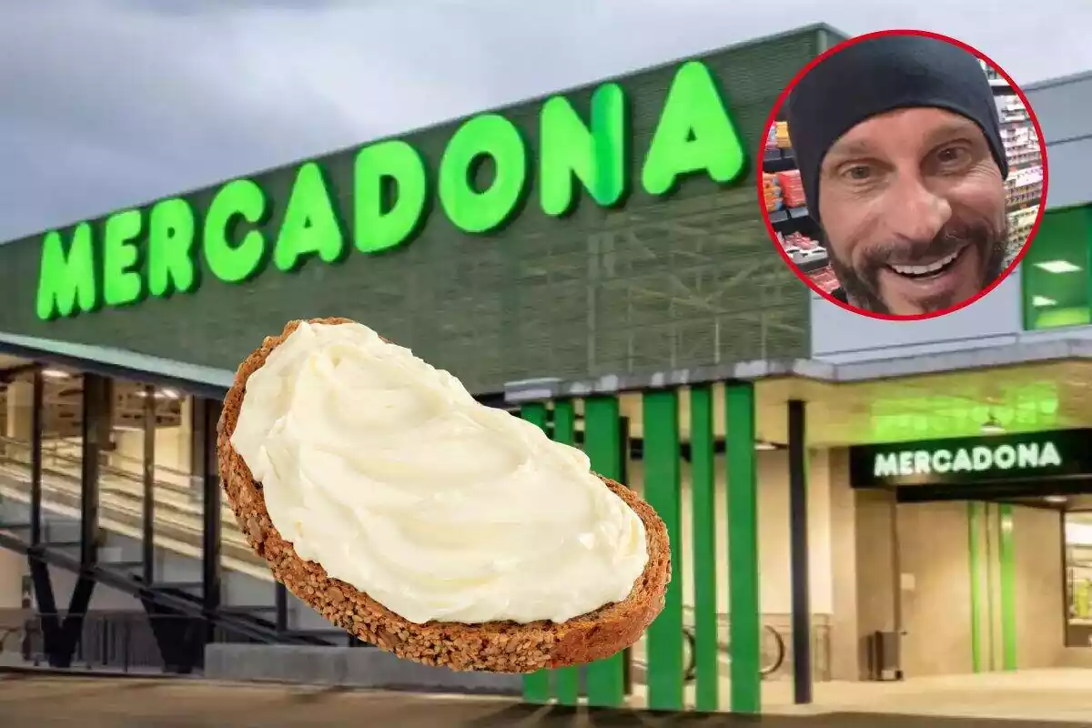 Fotomontaje con foto de fachada de Mercadona y a la izquierda en un círculo rojo el experto Fran Susín, y en el centro una rebanada de pan con queso de untar