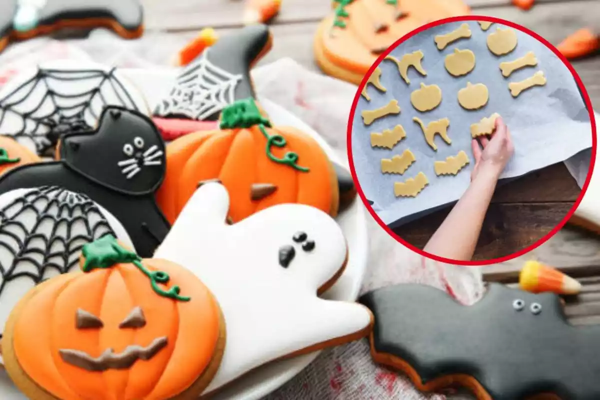 Foto de un plato de galletas que tiene varias galletas con formas para Halloween y a la derecha círculo rojo con una mano que coloca masas de galleta con formas en una bandeja