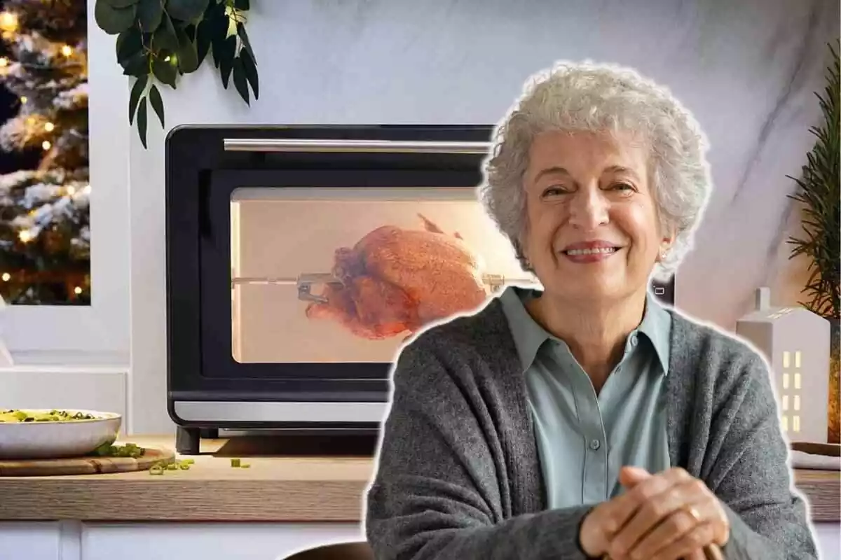 anciana con un horno eléctrico asando un pollo de fondo