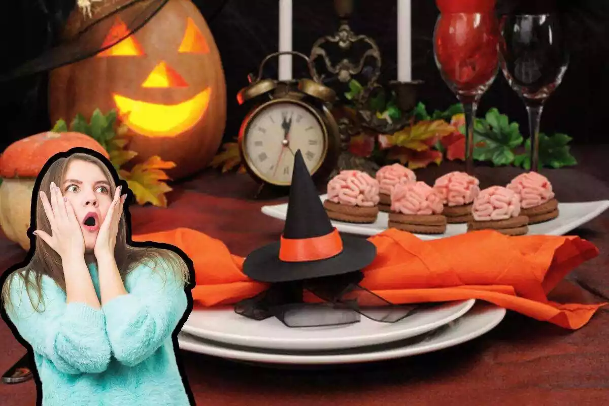 Mesa decorada para Halloween con un plato que tiene un sombrero pequeño de bruja y servilleta naranja, con calabazas y un plato de galletas con pequeños "cerebros" encima. Delante fotomontaje de foto de mujer que se lleva las manos a la cara asustada con contorno negro