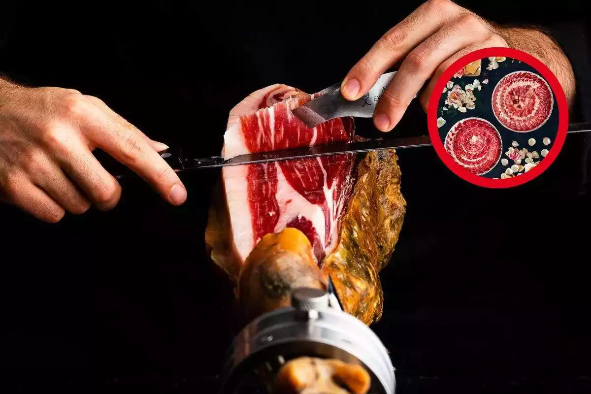 Fotomontaje de unas manos que cortan un jamón ibérico de bellota y a la derecha círculo rojo con platos de jamón puesto en circulo