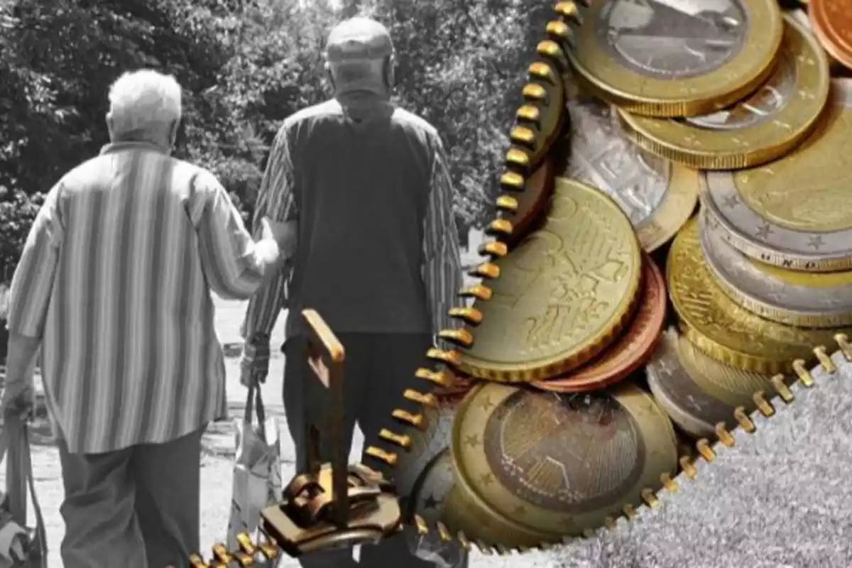 Imagen de dos personas mayores jubiladas caminando de espaldas y una cremallera mostrando monedas de euro