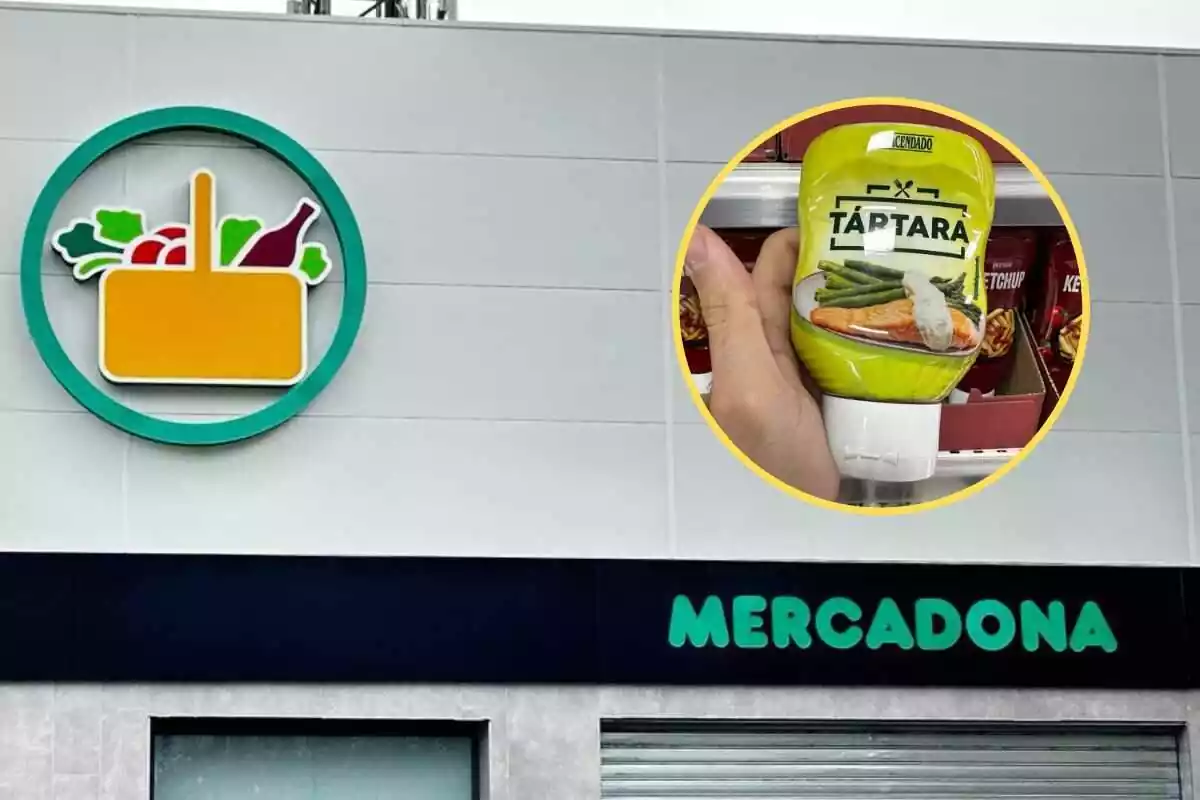 Foto de una fachada de Mercadona y a la derecha un círculo amarillo y dentro foto de un bote de salsa Tártara de Hacendado