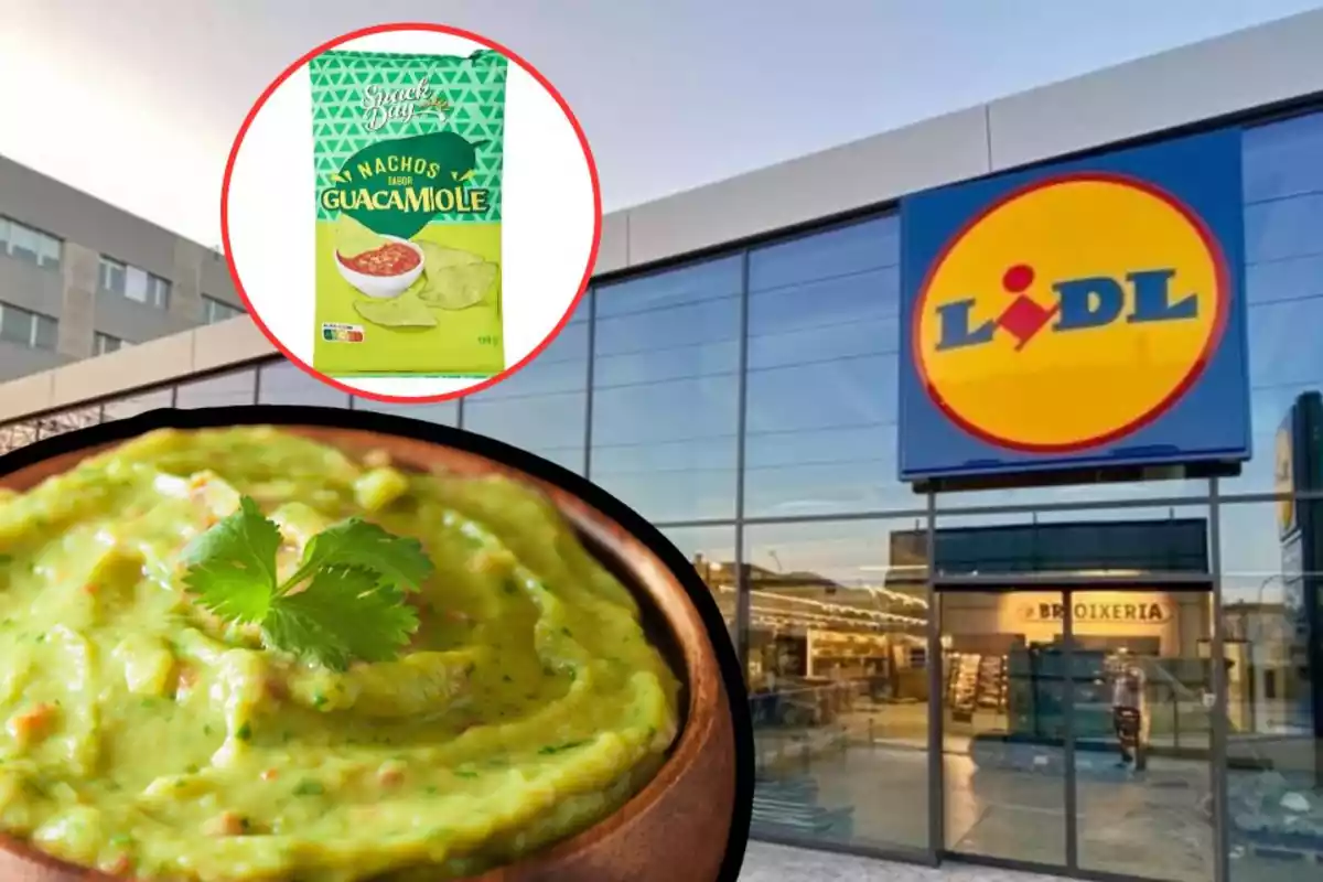 Foto fachada de Lidl con círculo rojo a la izquierda y dentro bolsa de Nachos sabor guacamole y debajo un bol de madera que contiene nachos