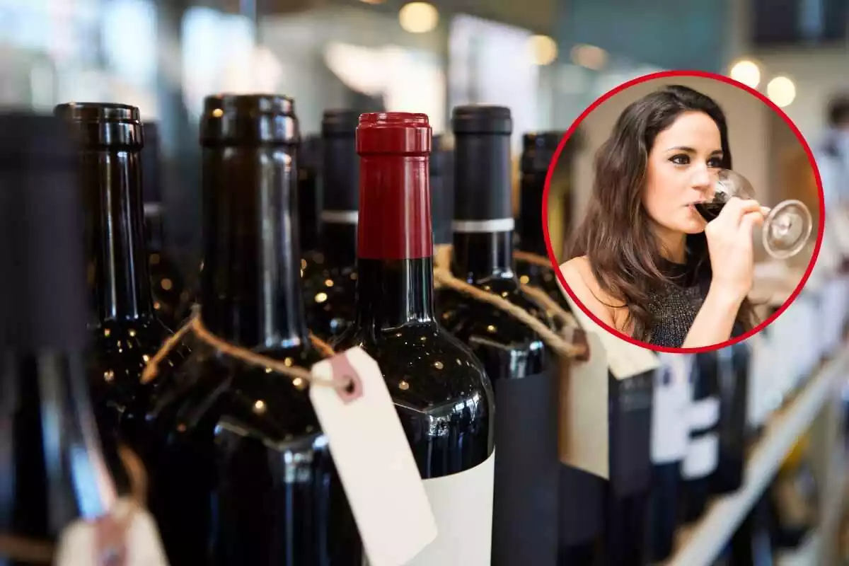 botellas de vino junto a una mujer bebiendo en una copa de vino tinto