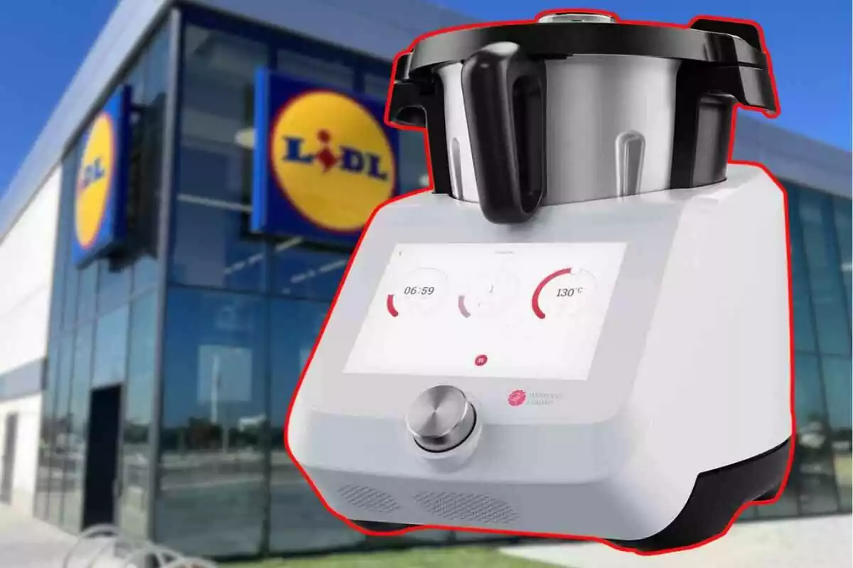 Robot de cocina Monsieur Cuisine con la tienda LIDL de fondo