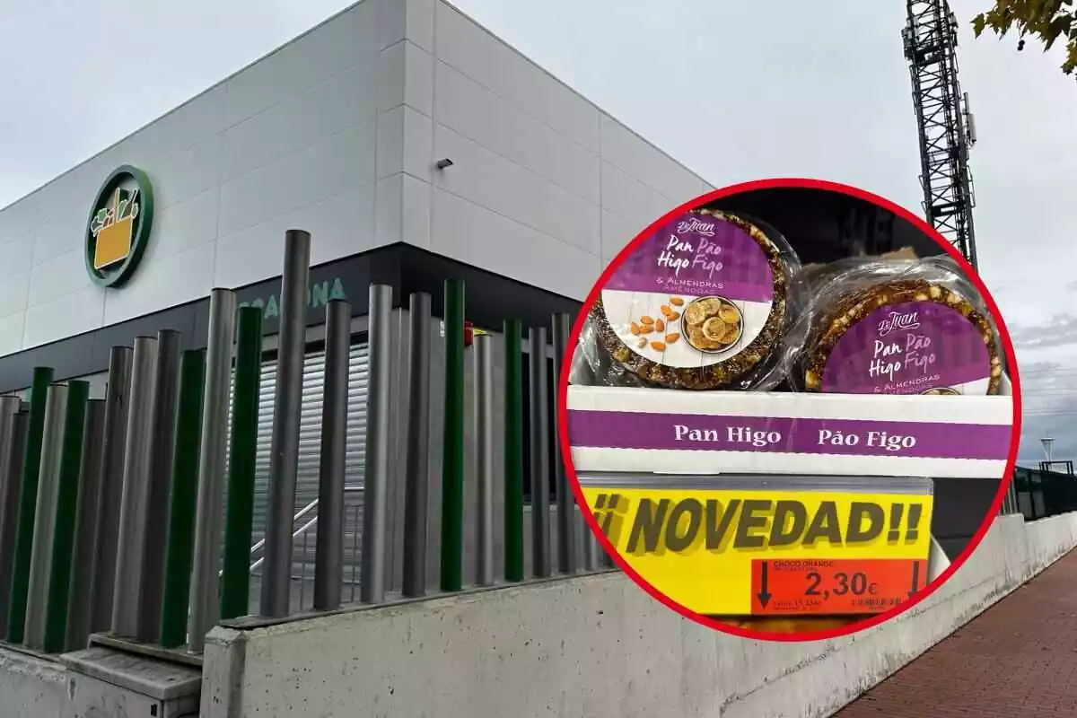 Foto fachada de Mercadona y a la derecha círculo rojo con foto dentro del Pan de Higo Juan de Mercadona con cartel amarillo del precio a 2,30 euros
