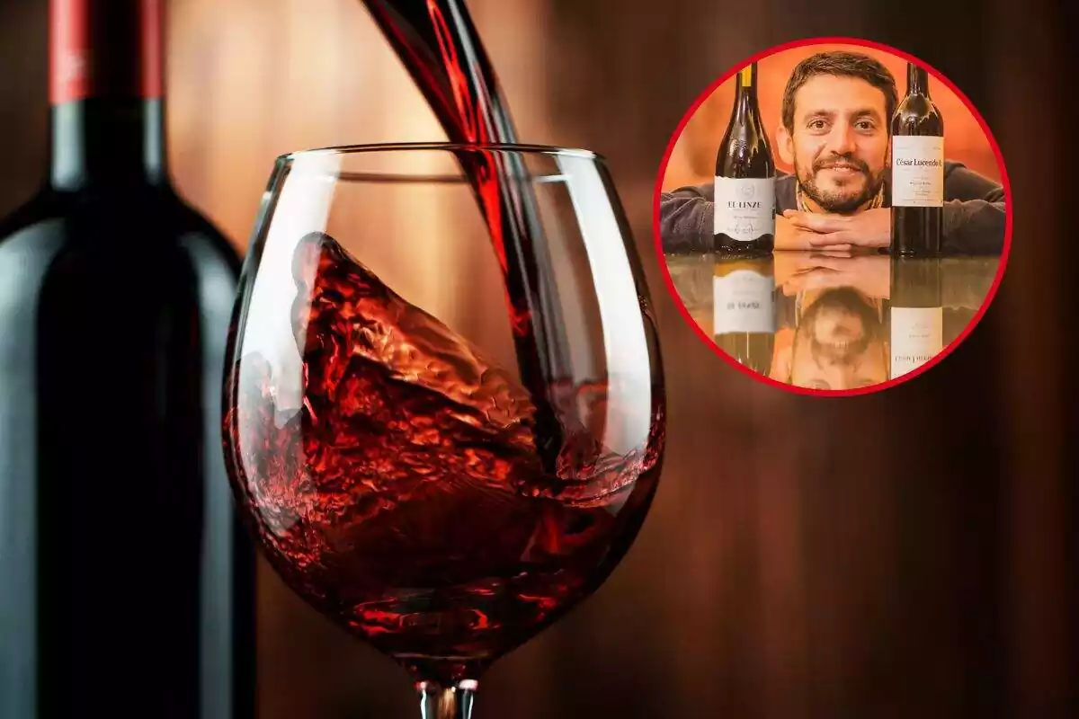 Foto de una copa de vino tinto que se está llenando y a la derecha círculo rojo con foto dentro del enólogo Federico Lucendo con dos de sus botellas de vino
