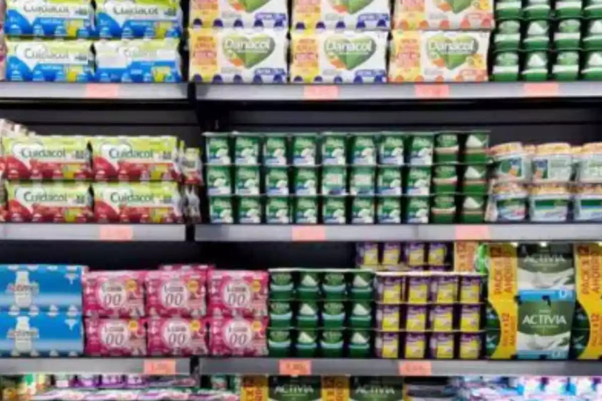 Foto de una sección de yogures de supermercado con la nevera llena de yogures