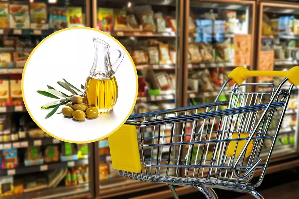 Montaje de un carrito de compra en el pasillo de un supermercado y una redonda con aceite de oliva