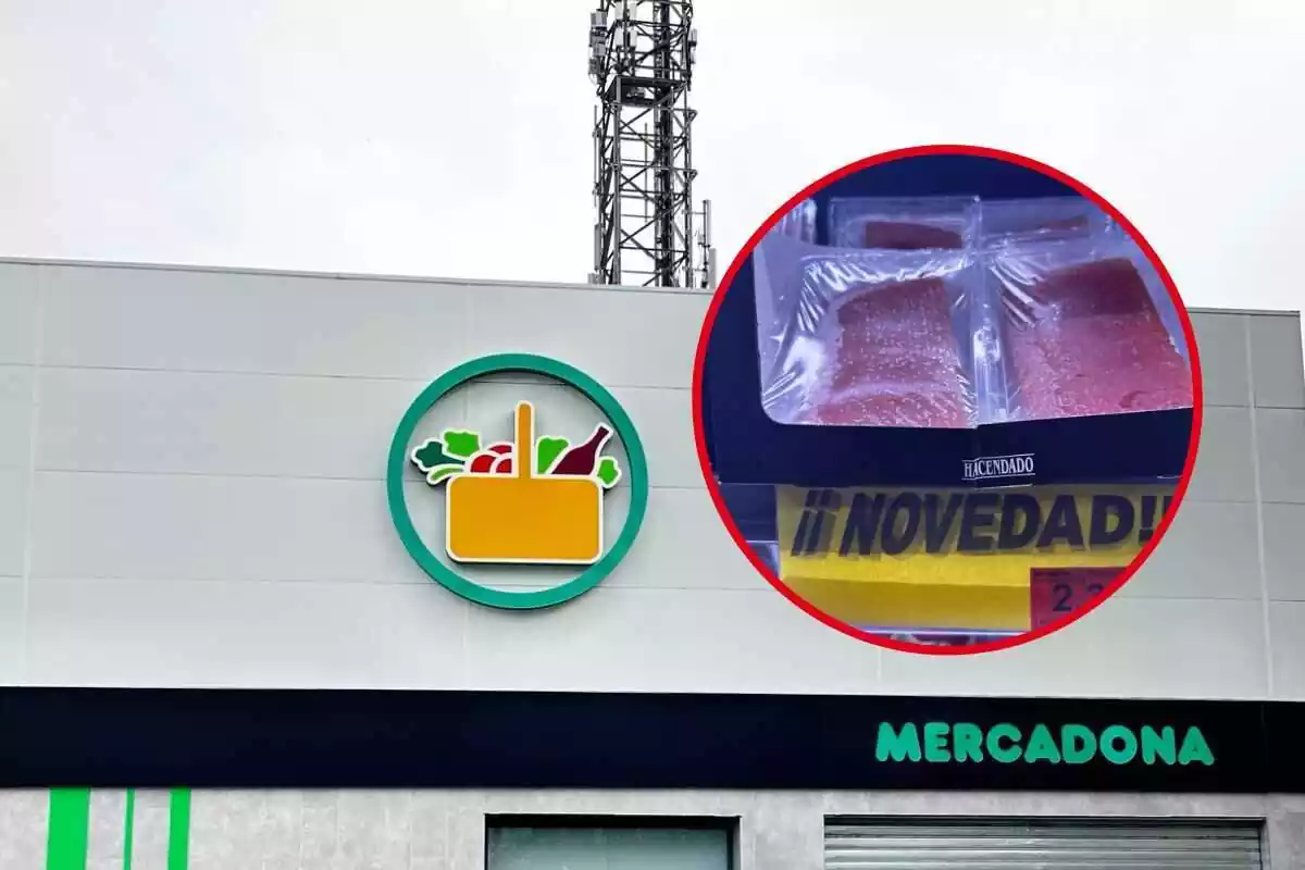 Foto de una fachada de Mercadona de la que se ve el logro y a la derecha, círculo rojo con una foto con paquetes de taco de membrillo y abajo cartel de "¡¡Novedad!"