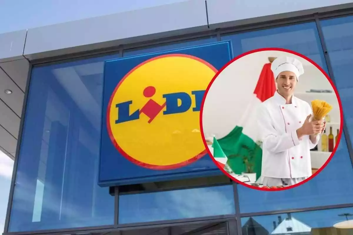 Cocinero italiano con un supermercado LIDL de fondo