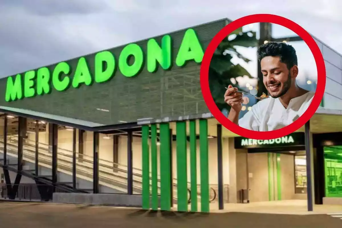 Foto de una fachada de Mercadona y a la derecha un círculo rojo con un señor comiendo y sonriendo