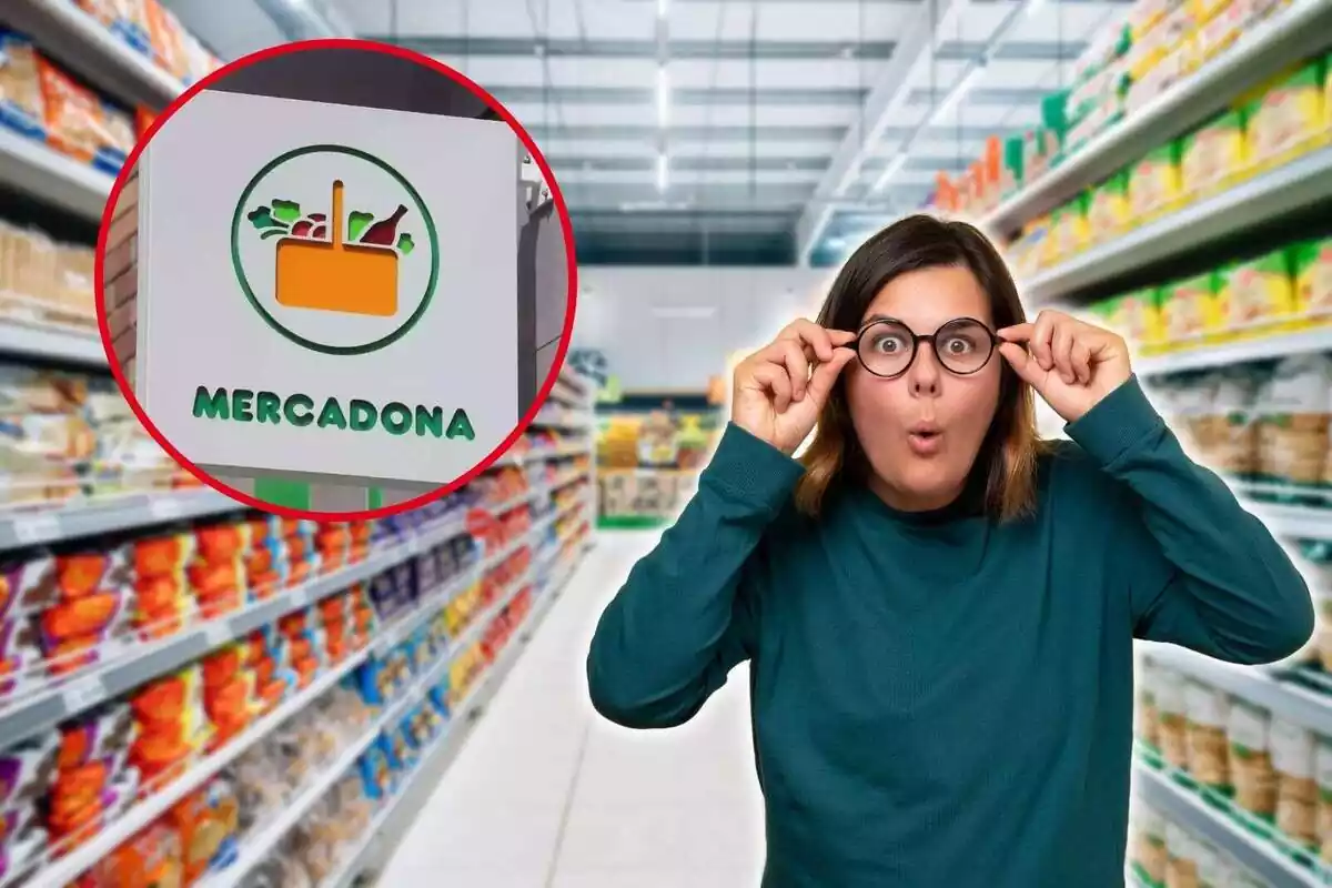 Montaje con mujer con gafas sorprendida en supermercado y logo de Mercadona