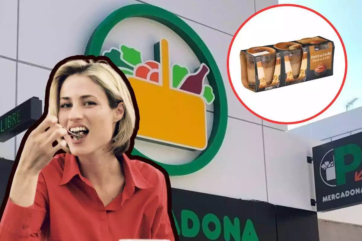 Foto fachada de Mercadona y a la derecha círculo rojo con foto dentro de los vasitos de dulce de leche y a la izquierda mujer que come de una cuchara con contorno rojo