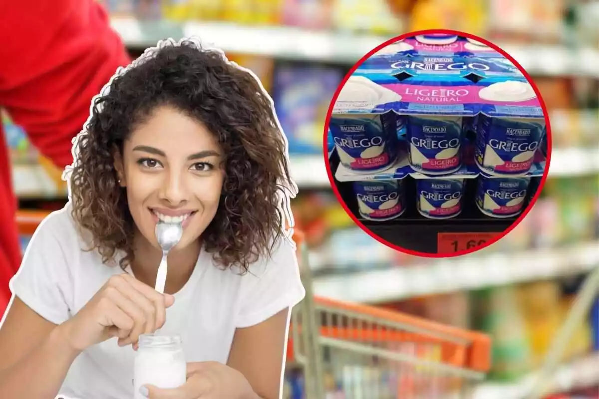 mujer comiendo yogur junto a un pack de yogur de supermercado