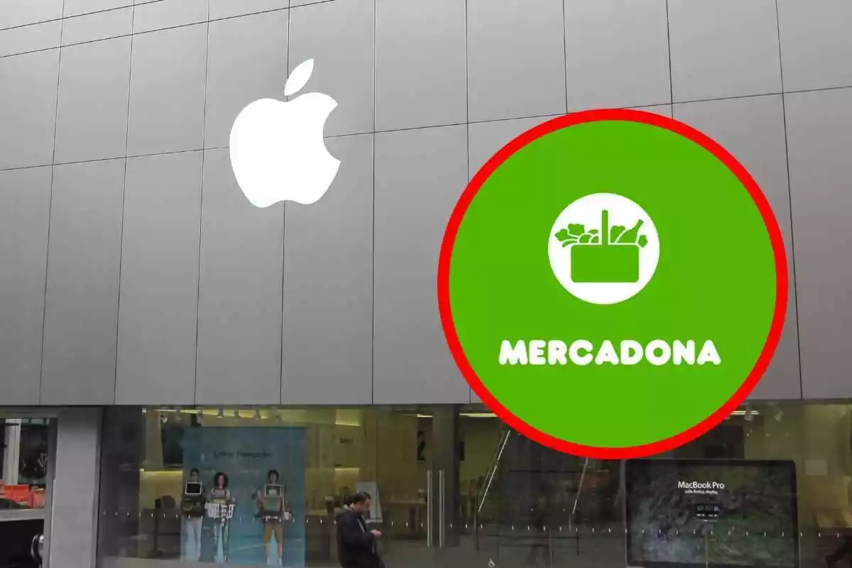 Tienda de apple de fondo con el logo de mercadona marcado en un círculo rojo