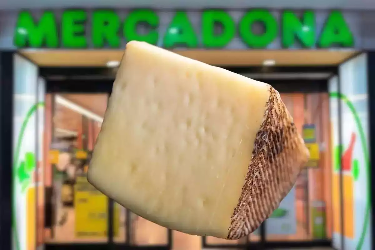 Foto fachada Mercadona desenfocada y delante una foto de una cuña de queso