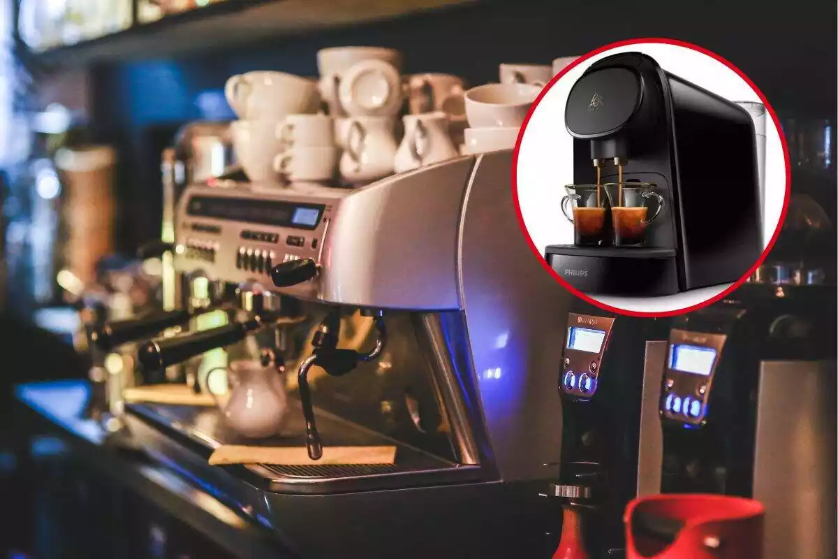 Foto de una cafetera de bar de color blanco con tazas encima y al lado círculo rojo con foto de una cafetera L´Or de Phillips con dos tazas llenándose de café