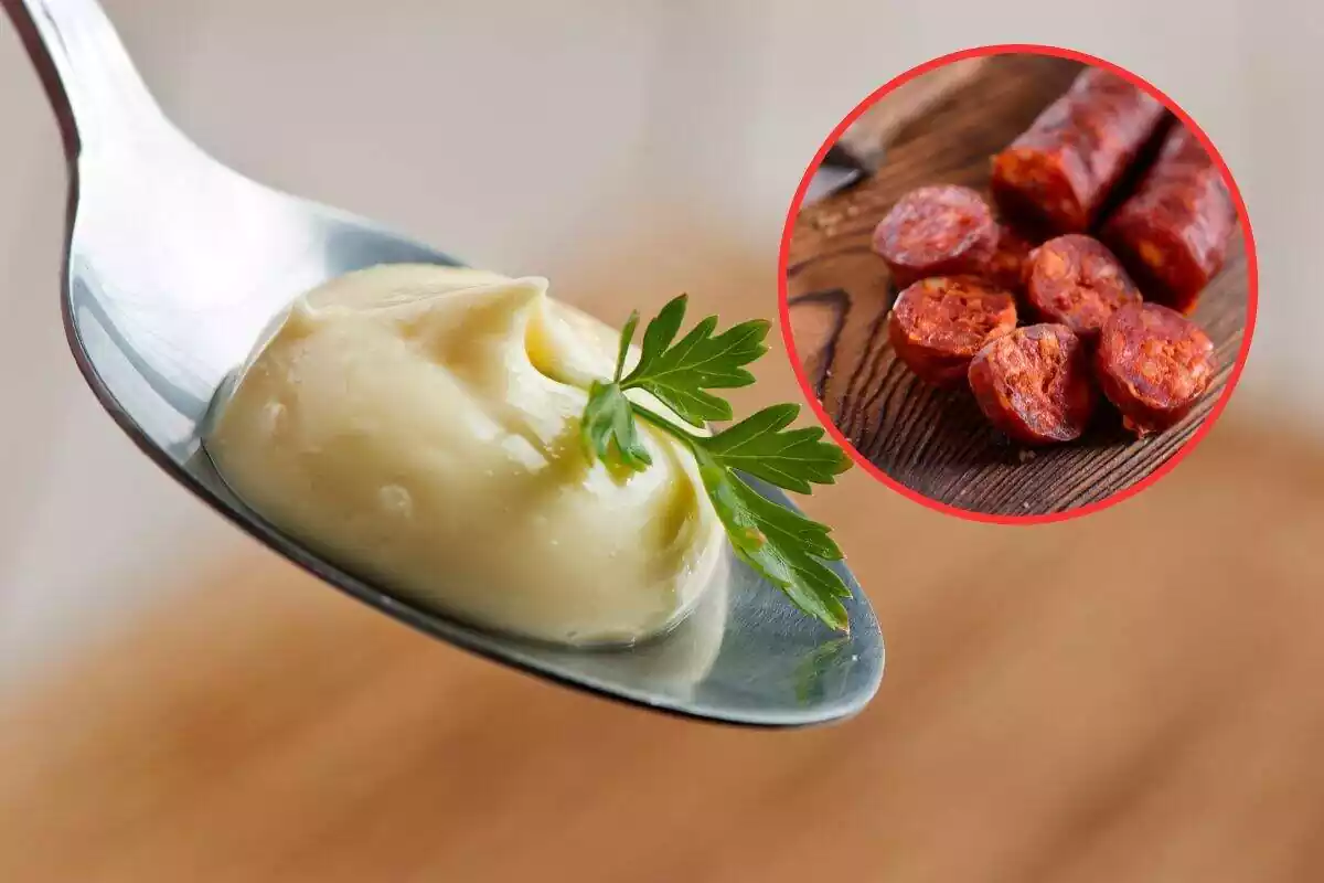 Foto cuchara mayonesa con círculo rojo y foto de dos chorizos cortados