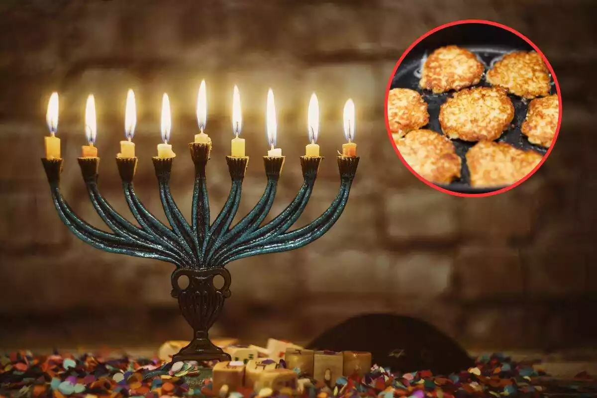 Foto de candelabro de Hannukah con las velas encendidas y al lado círculo rojo con foto de latkes dentro