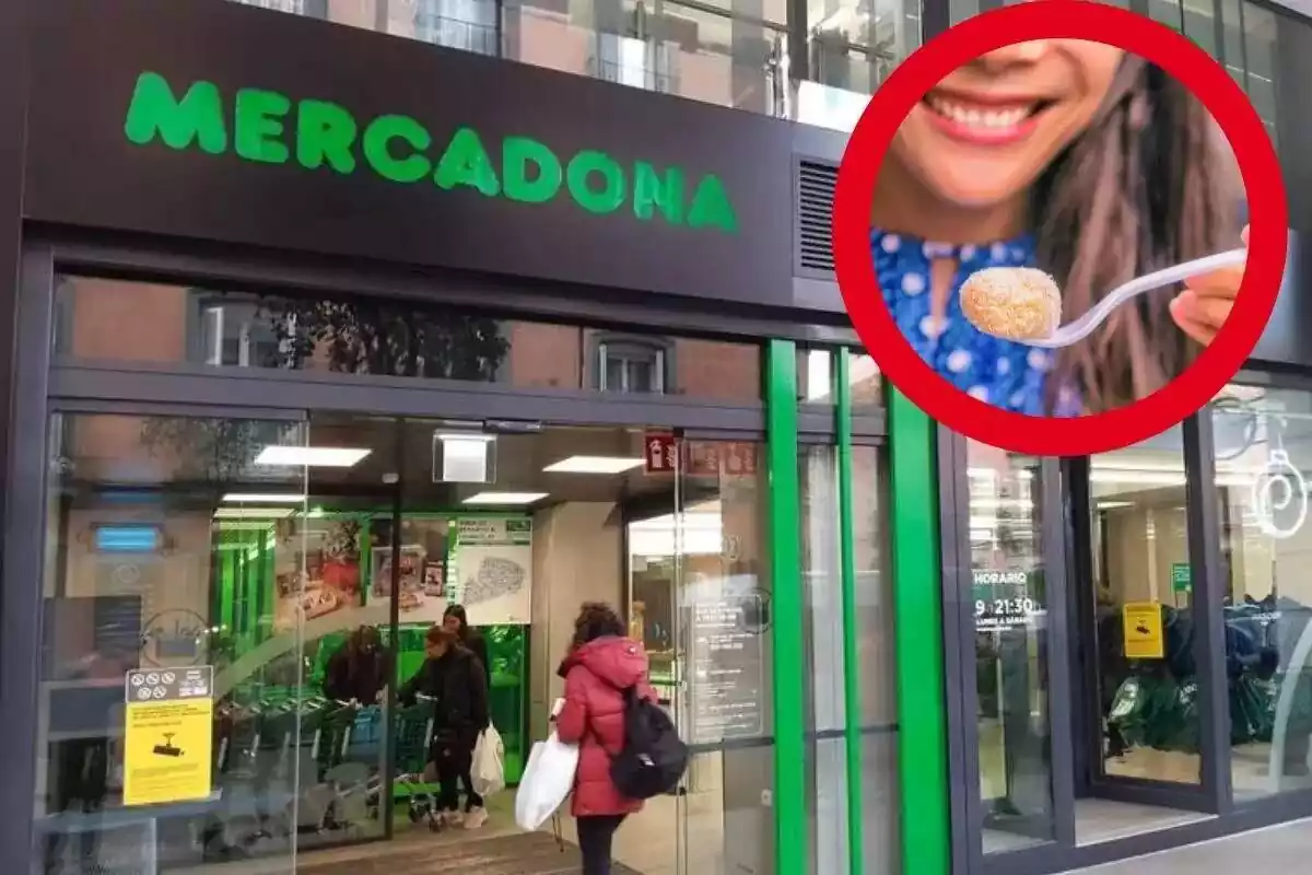 Foto de un Mercadona con mujer entrando dentro. Arriba un círculo rojo con la foto de una mujer que sonríe mientras está a punto de comer un mochi