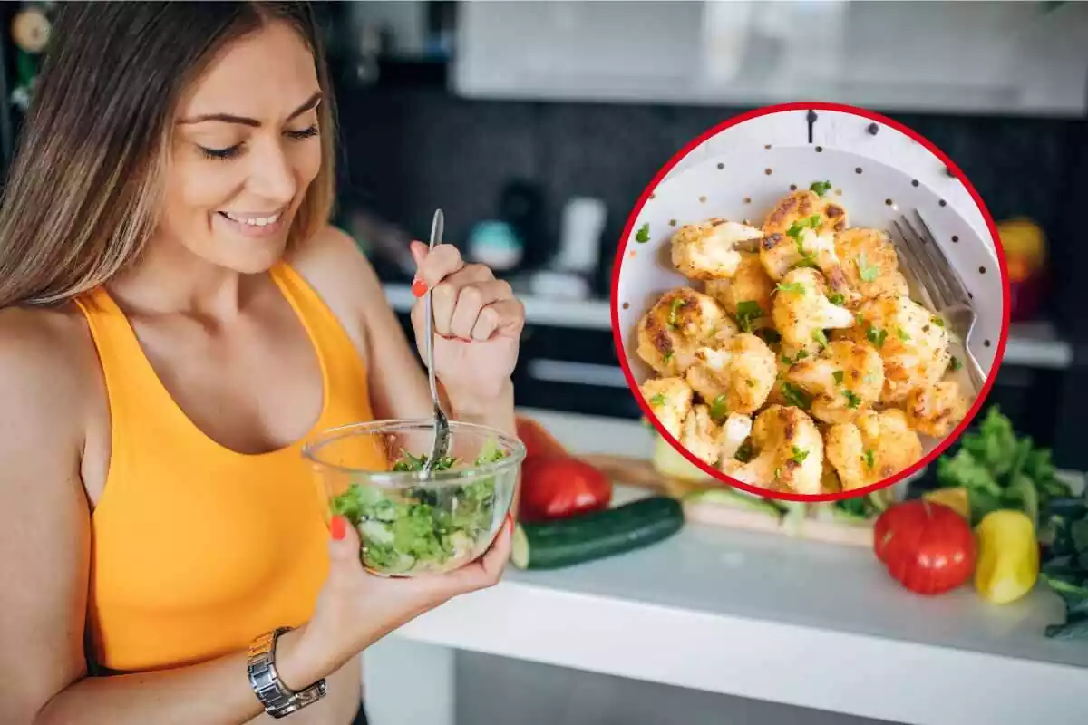 mujer comiendo vegetales y una foto destacada de coliflor