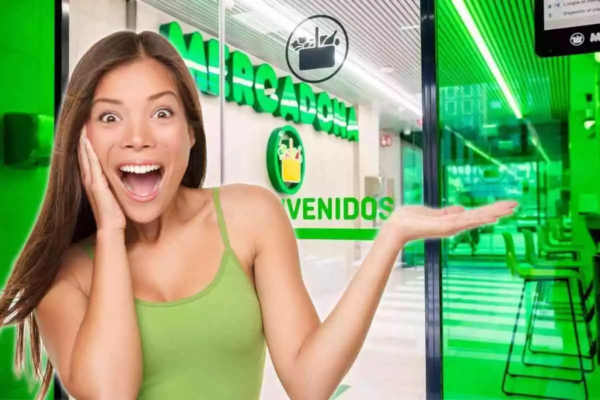 mujer señanaldo a la tienda de Mercadona que está de fondo