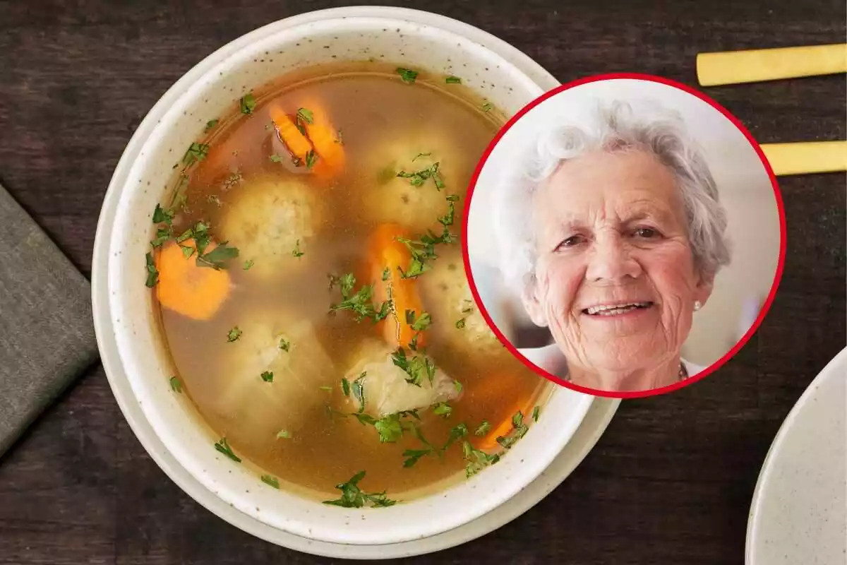 caldo de pollo junto a la foto de una abuela