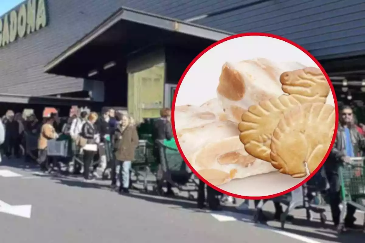 turron con galleta de dinosaurios con la tienda de mercadona de fondo