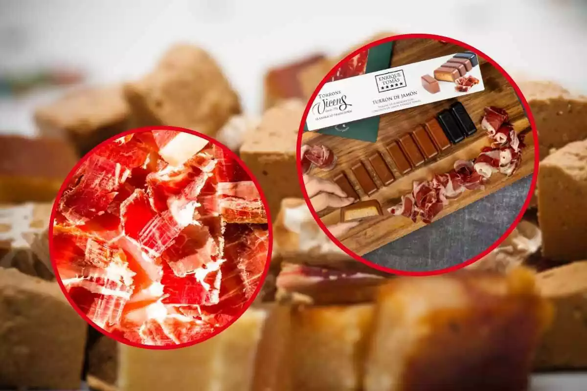 turrón salado junto a un plato de jamón y turrones de fondo