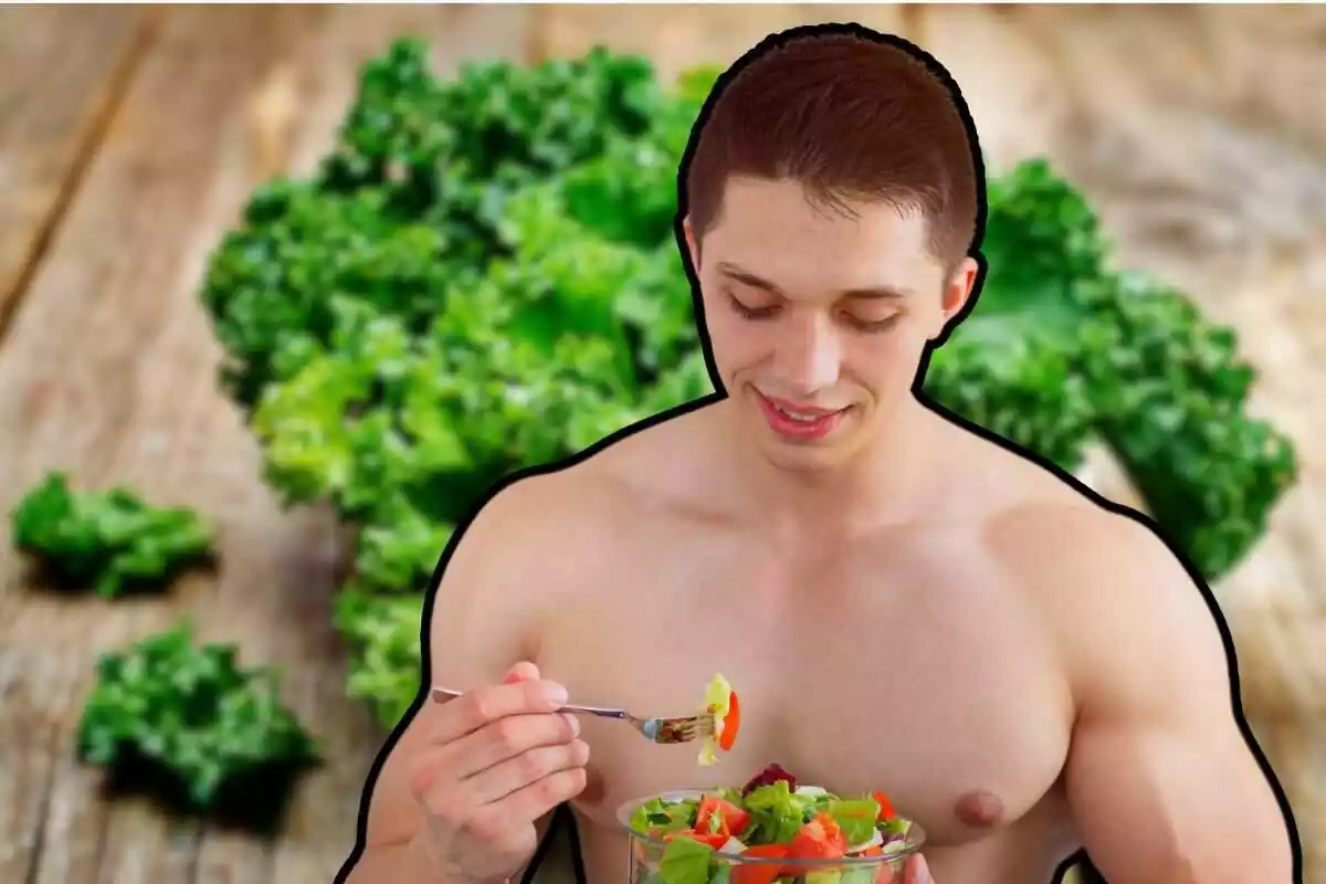 hombre fuerte comiendo y una verdura de fondo