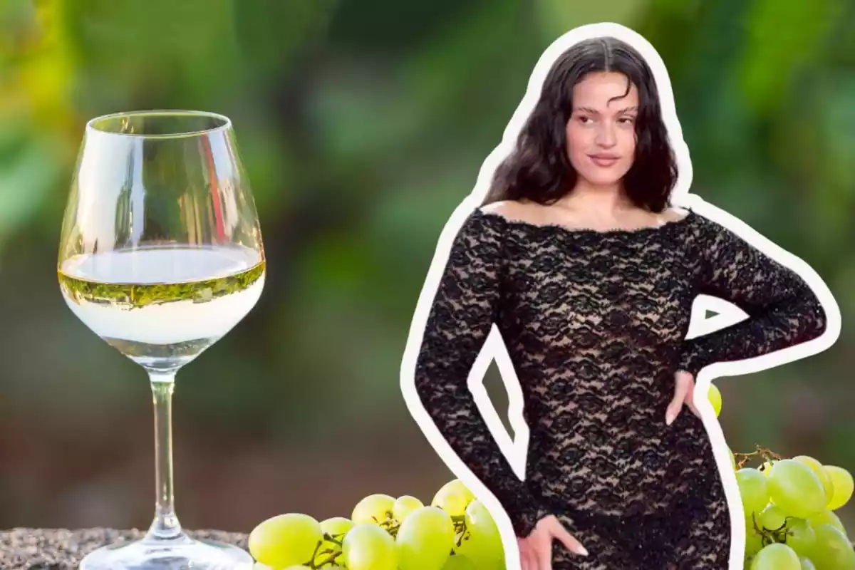 Foto copa de vino blanco y al lado uvas y delante foto de Rosalía con vestido negro y contorno blanco